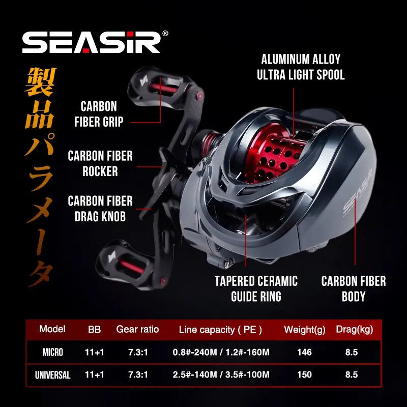 Carretilha Ultraleve de Carbono Seasir 11+1 7.3:1 - Duplo Rolamento de Carretel