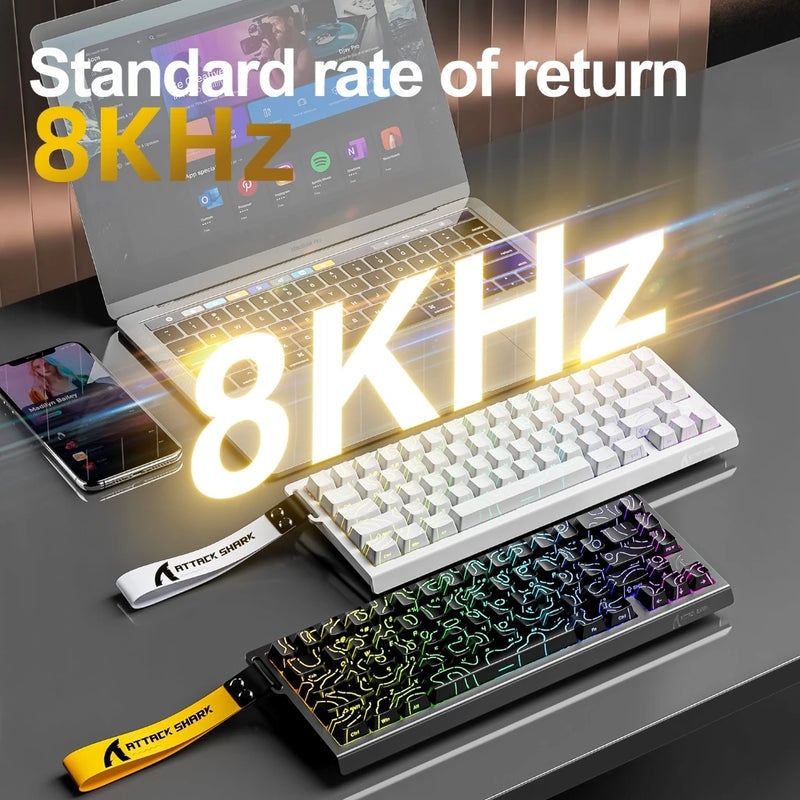 Teclado BRANCO Mecânico Attack Shark X68HE Interruptor Magnético Com Fio De Baixa Latência Polling RGB