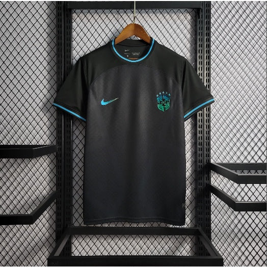 Camisa Premium Brasil Preta Seleção Símbolos Azul Refletivo