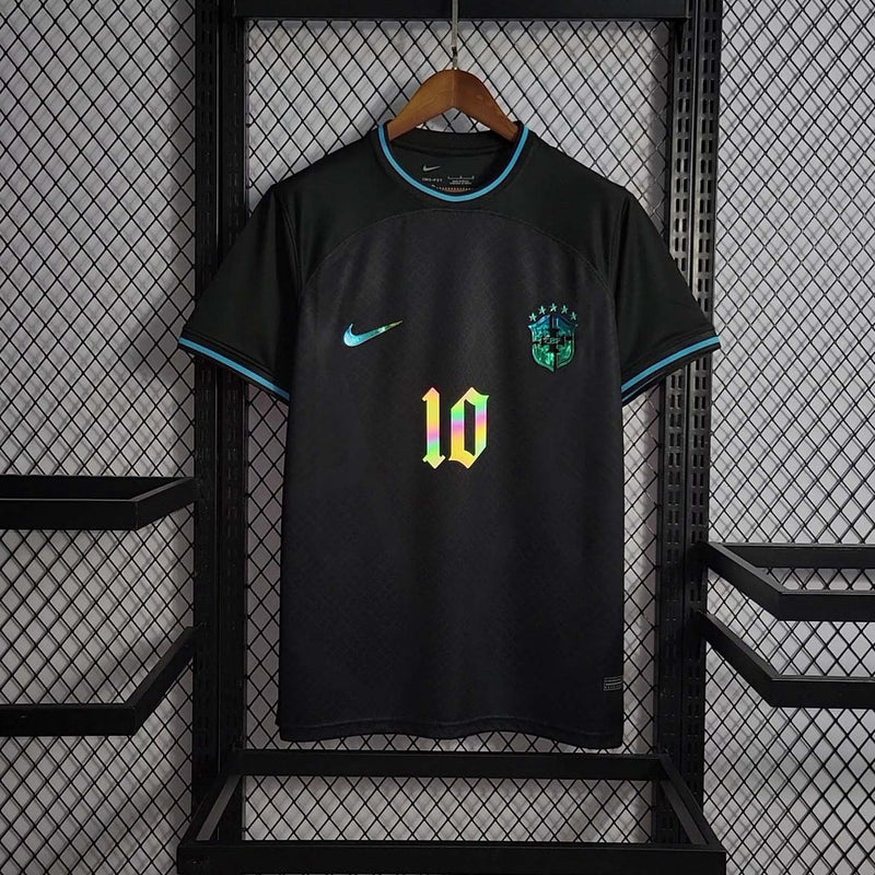Camisa Premium Brasil Preta Seleção Símbolos Azul Refletivo